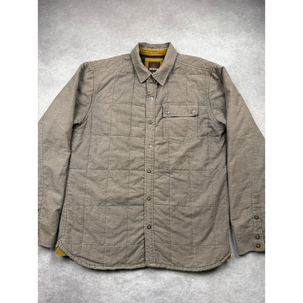 Prana Men L Quilted Shirt Jacket Brown Snap Front Insulated Shacket Outdoor Cozy